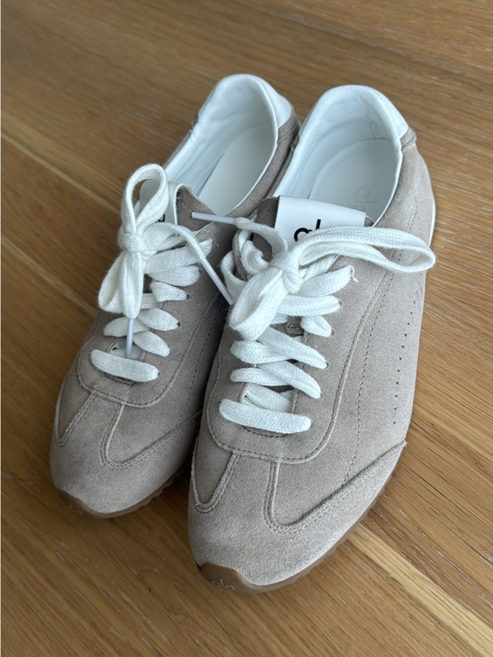 ALO Yoga Women's Suede Sneakers in Taupe with White Laces